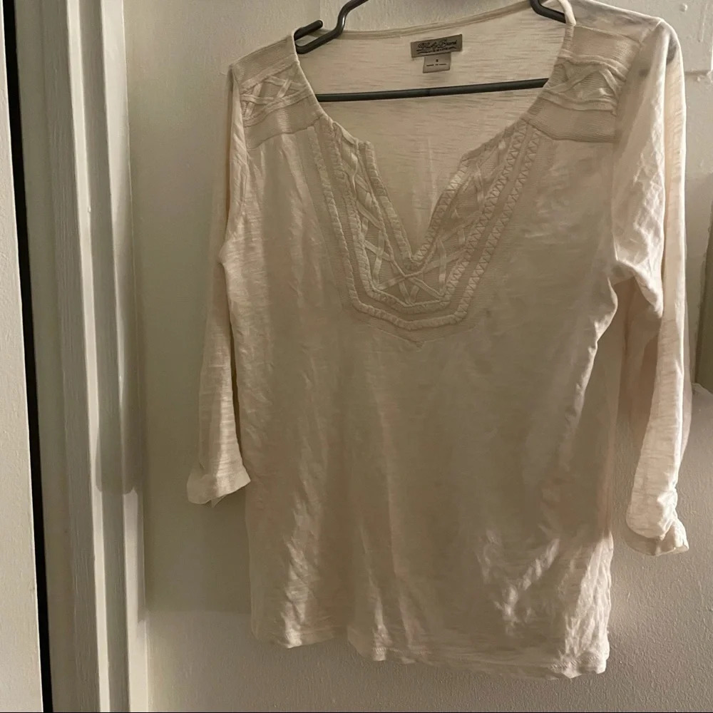 Lucky Brand Split Neck Top - 100% Cotton - 3/4 Sleeves- Size Small
